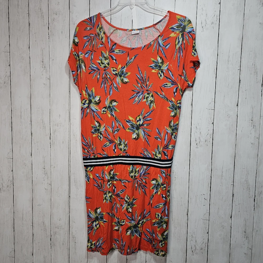Lascana Tropical Orange/Red Floral Short Sleeve Pullover Knit Dress Size 8. - Picture 2 of 10
